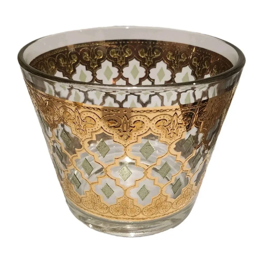 Vintage Culver Valencia 22K Gold 6 Glass Ice Bucket Caddy Set MCM 1960s